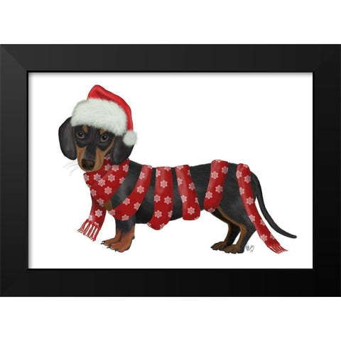 Christmas Des - Dachshund Snowflake Scarf Black Modern Wood Framed Art Print by Fab Funky