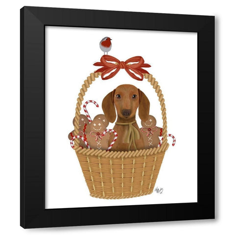 Christmas Des - Dog in Basket with Gingerbread Men Black Modern Wood Framed Art Print with Double Matting by Fab Funky