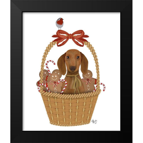 Christmas Des - Dog in Basket with Gingerbread Men Black Modern Wood Framed Art Print by Fab Funky