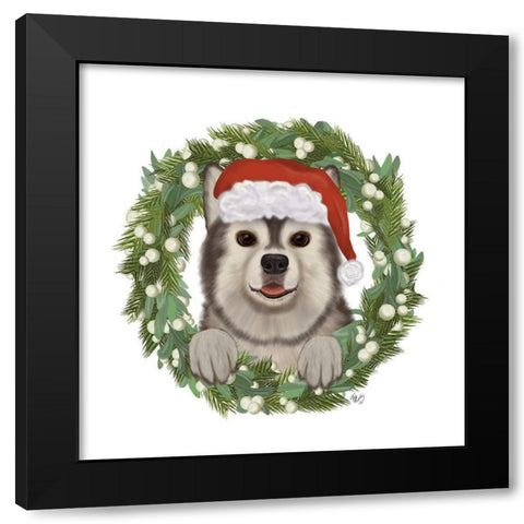 Christmas Des - Husky Wreath Black Modern Wood Framed Art Print with Double Matting by Fab Funky