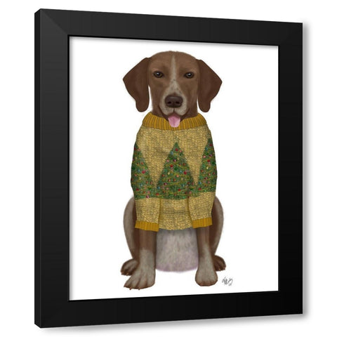 Christmas Des - Mutt in Yellow Christmas Sweater Black Modern Wood Framed Art Print with Double Matting by Fab Funky