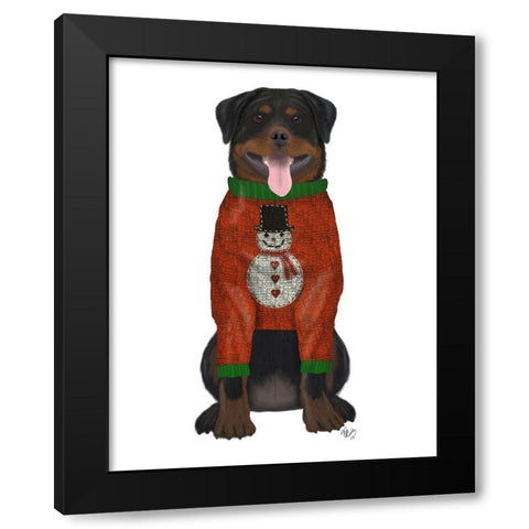 Christmas Des - Rottweiler in Christmas Sweater Black Modern Wood Framed Art Print with Double Matting by Fab Funky