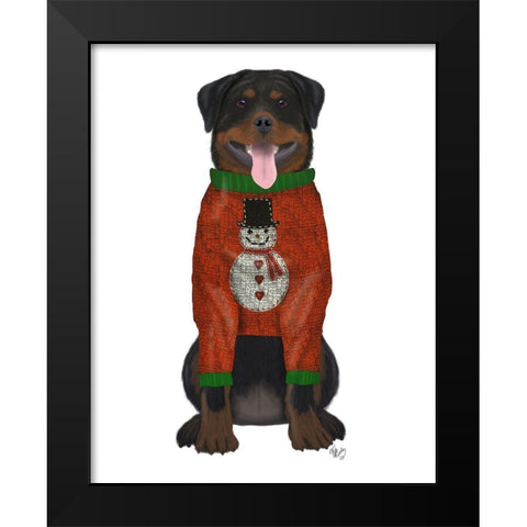 Christmas Des - Rottweiler in Christmas Sweater Black Modern Wood Framed Art Print by Fab Funky