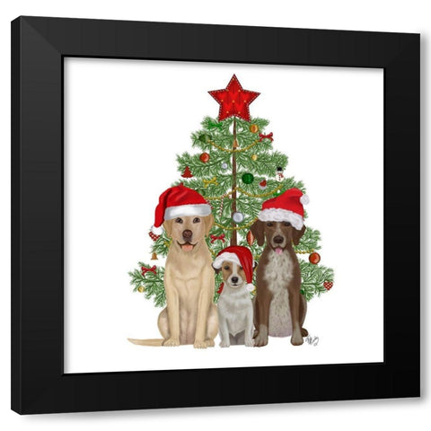 Christmas Des - Dog Trio Christmas Tree Black Modern Wood Framed Art Print with Double Matting by Fab Funky