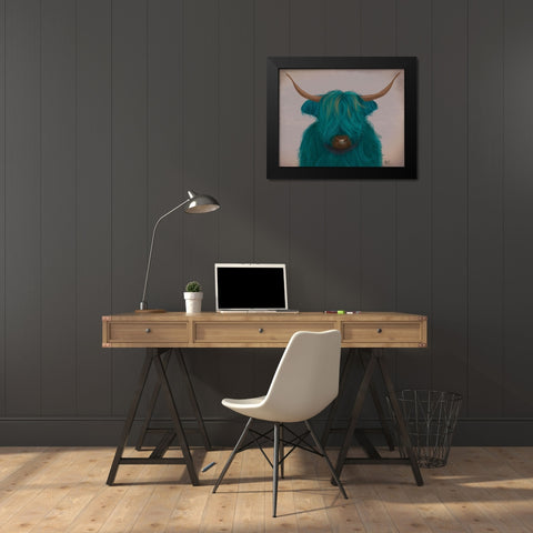 Highland Cow 3, Turquoise, Portrait Black Modern Wood Framed Art Print by Fab Funky