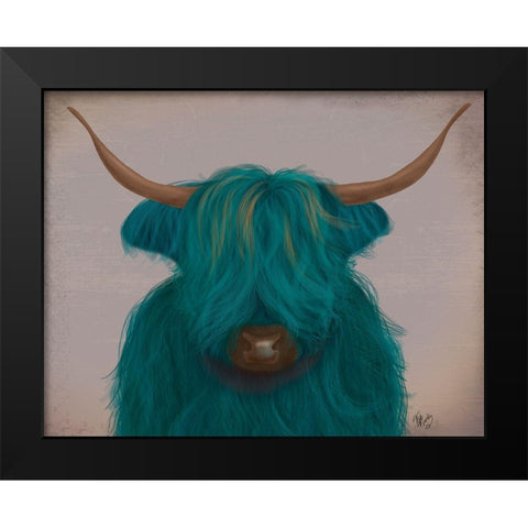 Highland Cow 3, Turquoise, Portrait Black Modern Wood Framed Art Print by Fab Funky