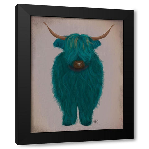 Highland Cow 3, Turquoise, Full Black Modern Wood Framed Art Print by Fab Funky