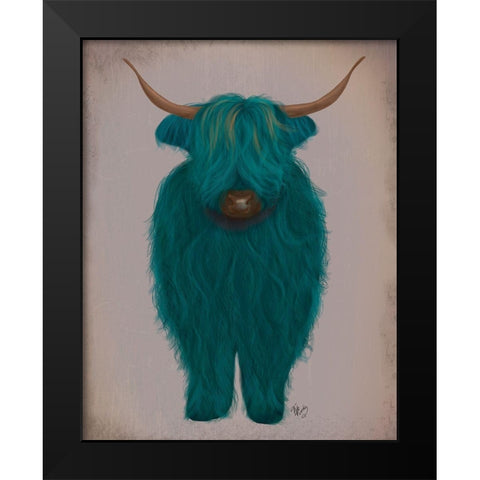 Highland Cow 3, Turquoise, Full Black Modern Wood Framed Art Print by Fab Funky