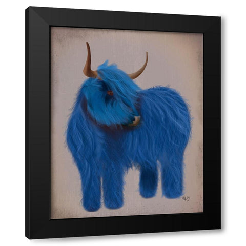 Highland Cow 2, Blue, Full Black Modern Wood Framed Art Print by Fab Funky