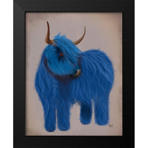 Highland Cow 2, Blue, Full Black Modern Wood Framed Art Print by Fab Funky