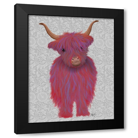Highland Cow 7, Pink And Purple, Full Black Modern Wood Framed Art Print with Double Matting by Fab Funky
