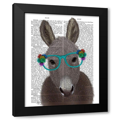 Donkey Turquoise Flower Glasses Book Print Black Modern Wood Framed Art Print with Double Matting by Fab Funky