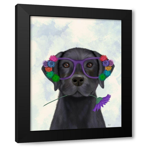 Black Labrador and Flower Glasses Black Modern Wood Framed Art Print by Fab Funky