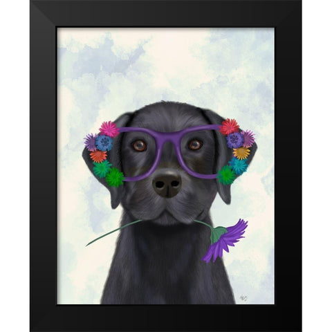 Black Labrador and Flower Glasses Black Modern Wood Framed Art Print by Fab Funky