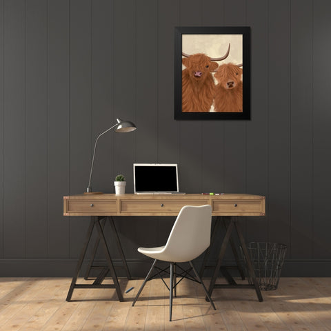 Highland Cow Duo, Looking at You Black Modern Wood Framed Art Print by Fab Funky