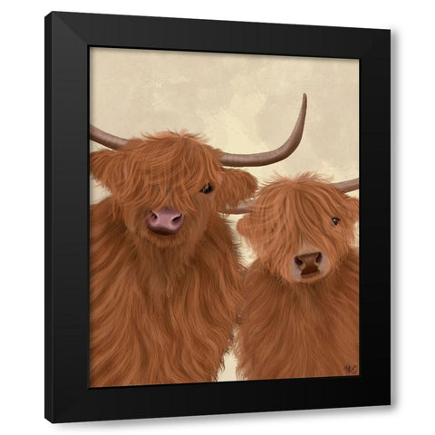 Highland Cow Duo, Looking at You Black Modern Wood Framed Art Print with Double Matting by Fab Funky