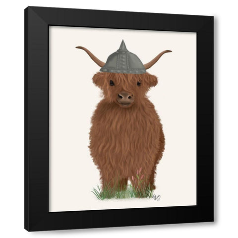 Highland Cow Viking Black Modern Wood Framed Art Print with Double Matting by Fab Funky