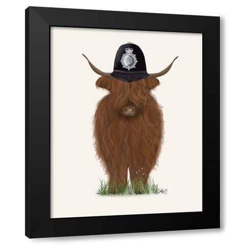 Highland Cow Policeman Black Modern Wood Framed Art Print with Double Matting by Fab Funky