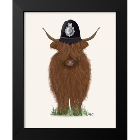 Highland Cow Policeman Black Modern Wood Framed Art Print by Fab Funky