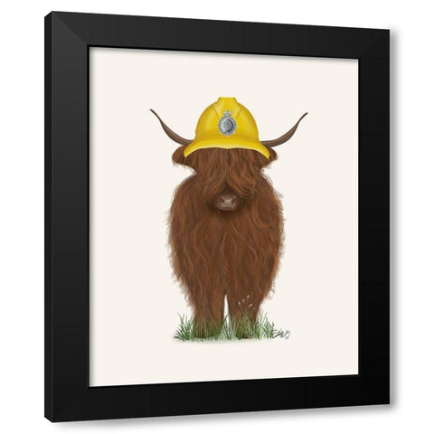 Highland Cow Fireman Black Modern Wood Framed Art Print with Double Matting by Fab Funky