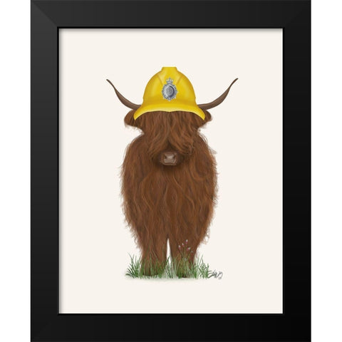 Highland Cow Fireman Black Modern Wood Framed Art Print by Fab Funky
