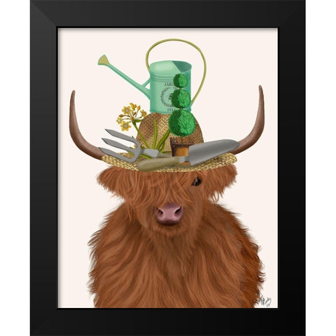 Highland Cow and Gardeners Hat Black Modern Wood Framed Art Print by Fab Funky