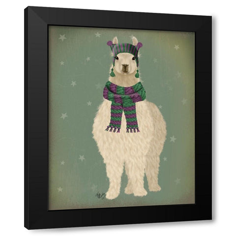 Llama with Purple Scarf, Full Black Modern Wood Framed Art Print with Double Matting by Fab Funky
