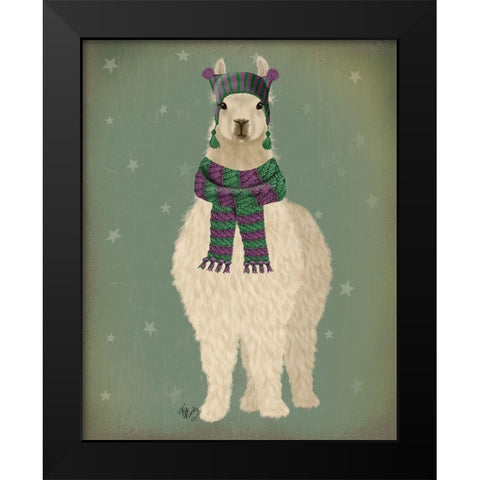 Llama with Purple Scarf, Full Black Modern Wood Framed Art Print by Fab Funky
