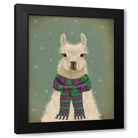Llama with Purple Scarf, Portrait Black Modern Wood Framed Art Print with Double Matting by Fab Funky