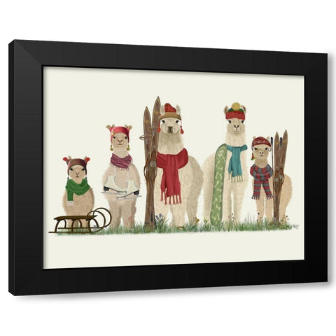 Llama Family Winter Sports Black Modern Wood Framed Art Print with Double Matting by Fab Funky