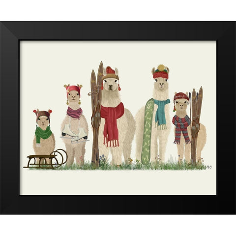 Llama Family Winter Sports Black Modern Wood Framed Art Print by Fab Funky