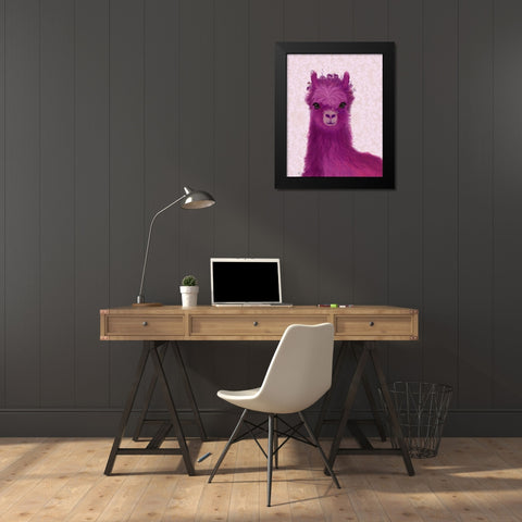 Llama Purple Meadow Flowers Black Modern Wood Framed Art Print by Fab Funky