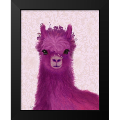Llama Purple Meadow Flowers Black Modern Wood Framed Art Print by Fab Funky