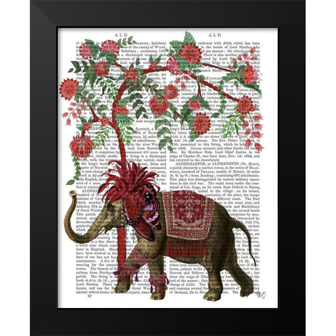 Niraj Elephant, Red Tree Black Modern Wood Framed Art Print by Fab Funky