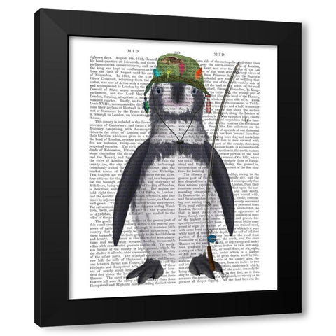 Penguin Fishing Book Print Black Modern Wood Framed Art Print with Double Matting by Fab Funky