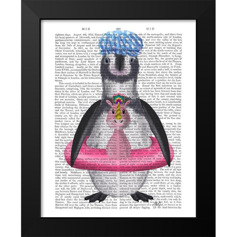 Penguin Unicorn Rubber Ring Book Print Black Modern Wood Framed Art Print by Fab Funky