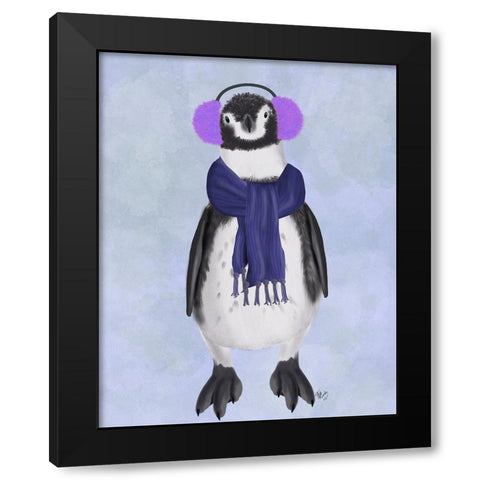 Penguin Ear Muffs Black Modern Wood Framed Art Print with Double Matting by Fab Funky