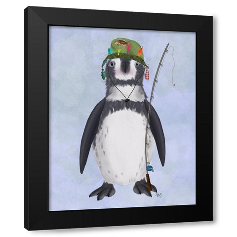 Penguin Fishing Black Modern Wood Framed Art Print with Double Matting by Fab Funky