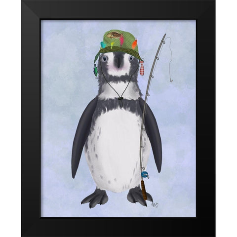 Penguin Fishing Black Modern Wood Framed Art Print by Fab Funky