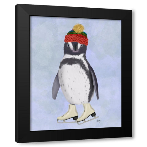 Penguin Ice Skating Black Modern Wood Framed Art Print with Double Matting by Fab Funky