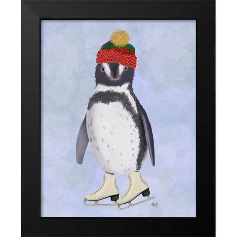 Penguin Ice Skating Black Modern Wood Framed Art Print by Fab Funky