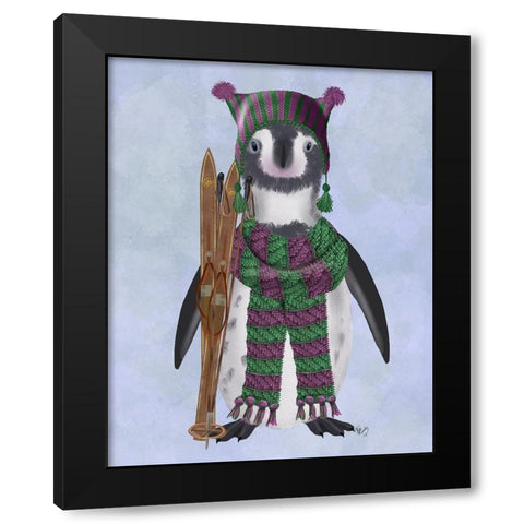 Penguin Skis Black Modern Wood Framed Art Print with Double Matting by Fab Funky