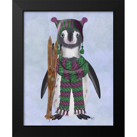 Penguin Skis Black Modern Wood Framed Art Print by Fab Funky