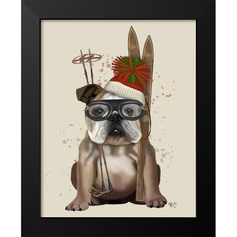 English Bulldog, Skiing Black Modern Wood Framed Art Print by Fab Funky