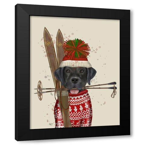 Black Labrador, Skiing Black Modern Wood Framed Art Print with Double Matting by Fab Funky