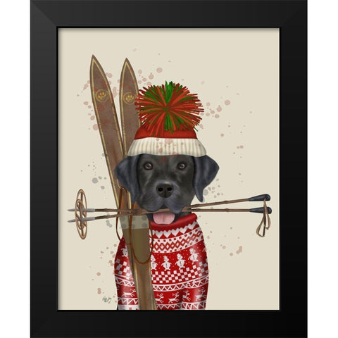 Black Labrador, Skiing Black Modern Wood Framed Art Print by Fab Funky