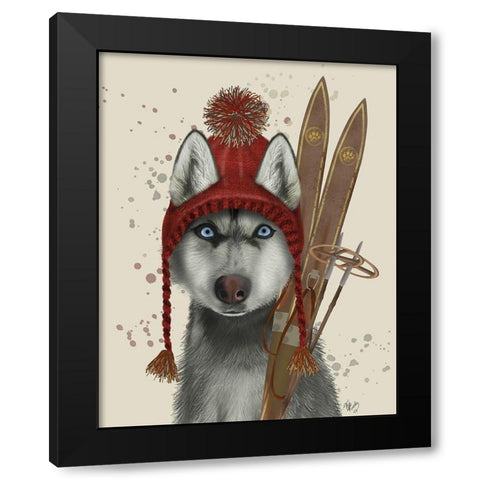 Husky, Skiing Black Modern Wood Framed Art Print with Double Matting by Fab Funky
