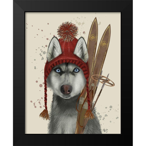 Husky, Skiing Black Modern Wood Framed Art Print by Fab Funky
