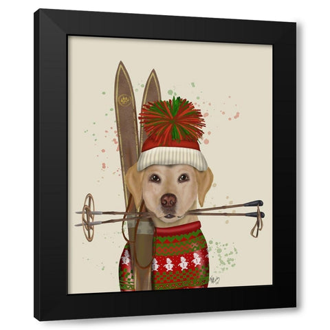 Yellow Labrador, Skiing Black Modern Wood Framed Art Print with Double Matting by Fab Funky