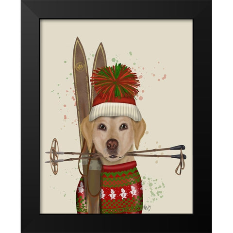 Yellow Labrador, Skiing Black Modern Wood Framed Art Print by Fab Funky